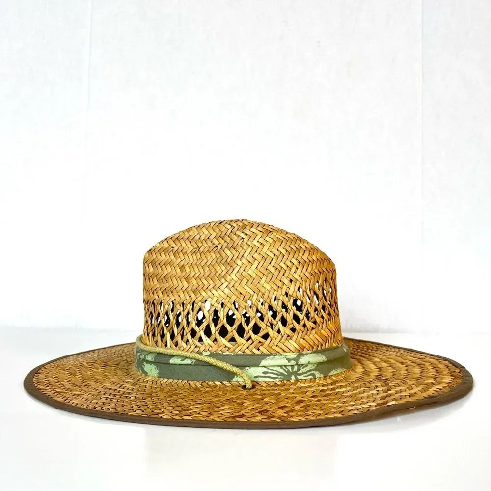 Dorfman Pacific Wide Brim Natural Straw Sun Hat with Green Band Chin Strap XL